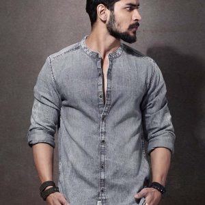 Light Denim Sherwani Collar Shirt